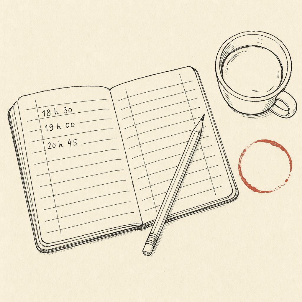Dessin au trait d’un carnet de réservations ouvert, un crayon, une tasse et la trace rouge qu’elle laisse