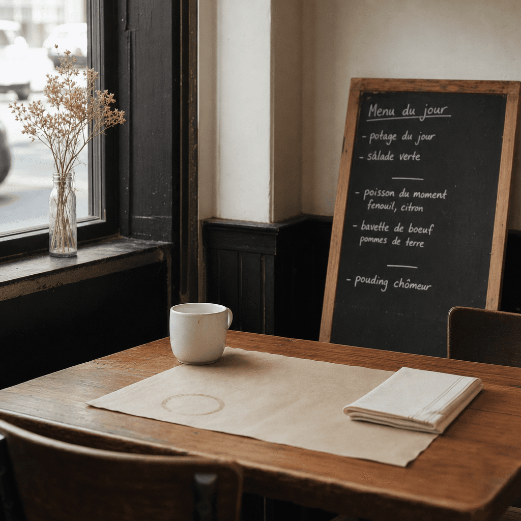 Une table essuyée dans un resto de quartier avant le service, avec un menu du jour à la craie